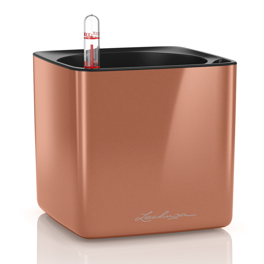 LECHUZA CUBE Glossy Topfpflanzer – 14 × 14 × 13,5 cm – Polypropylen & Polycarbonat, kupfer