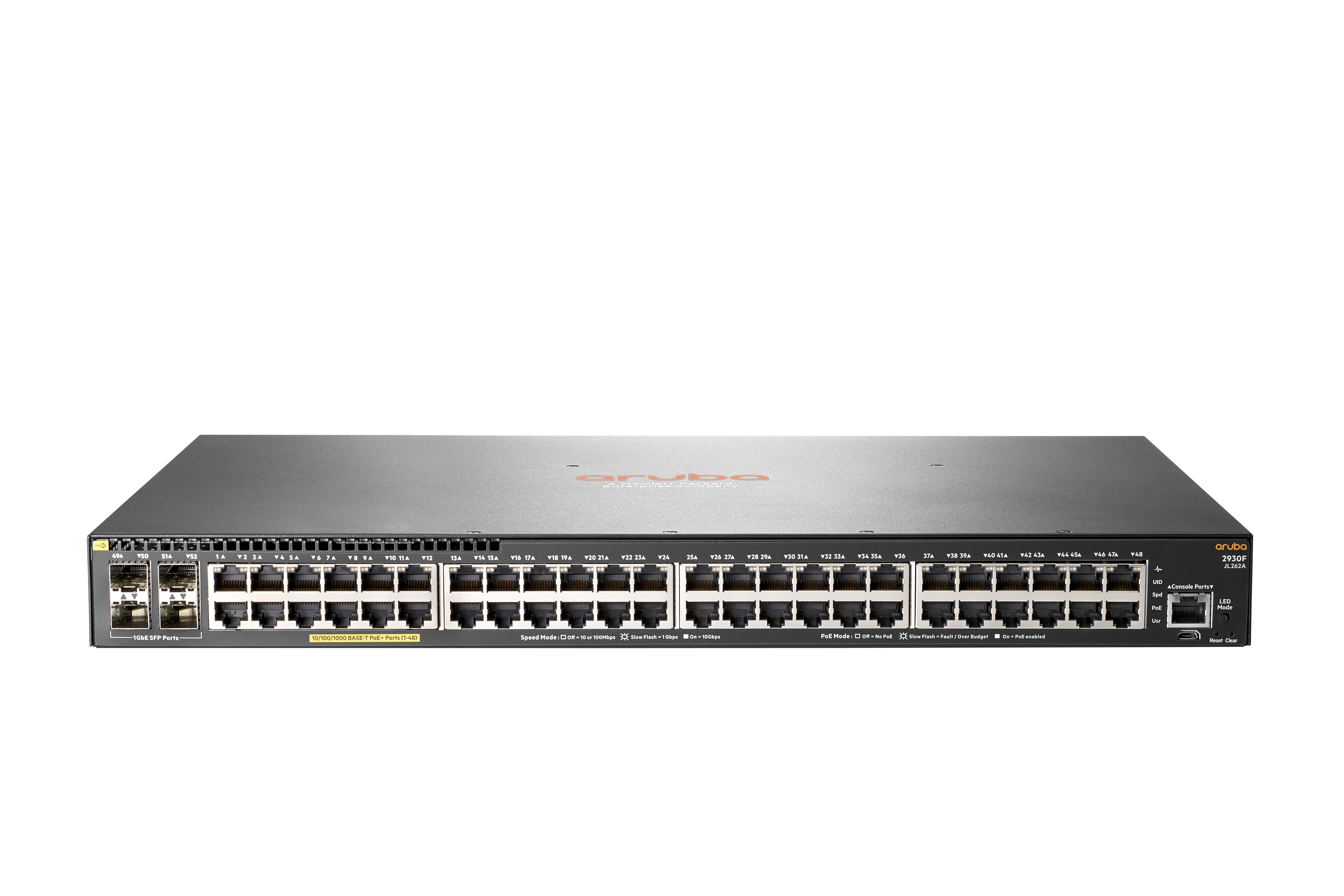 HPE Aruba 2930F – Managed L3 Switch – 48× 1G, 4× SFP, PoE+, PoE-Budget 370 W, 19", 1U