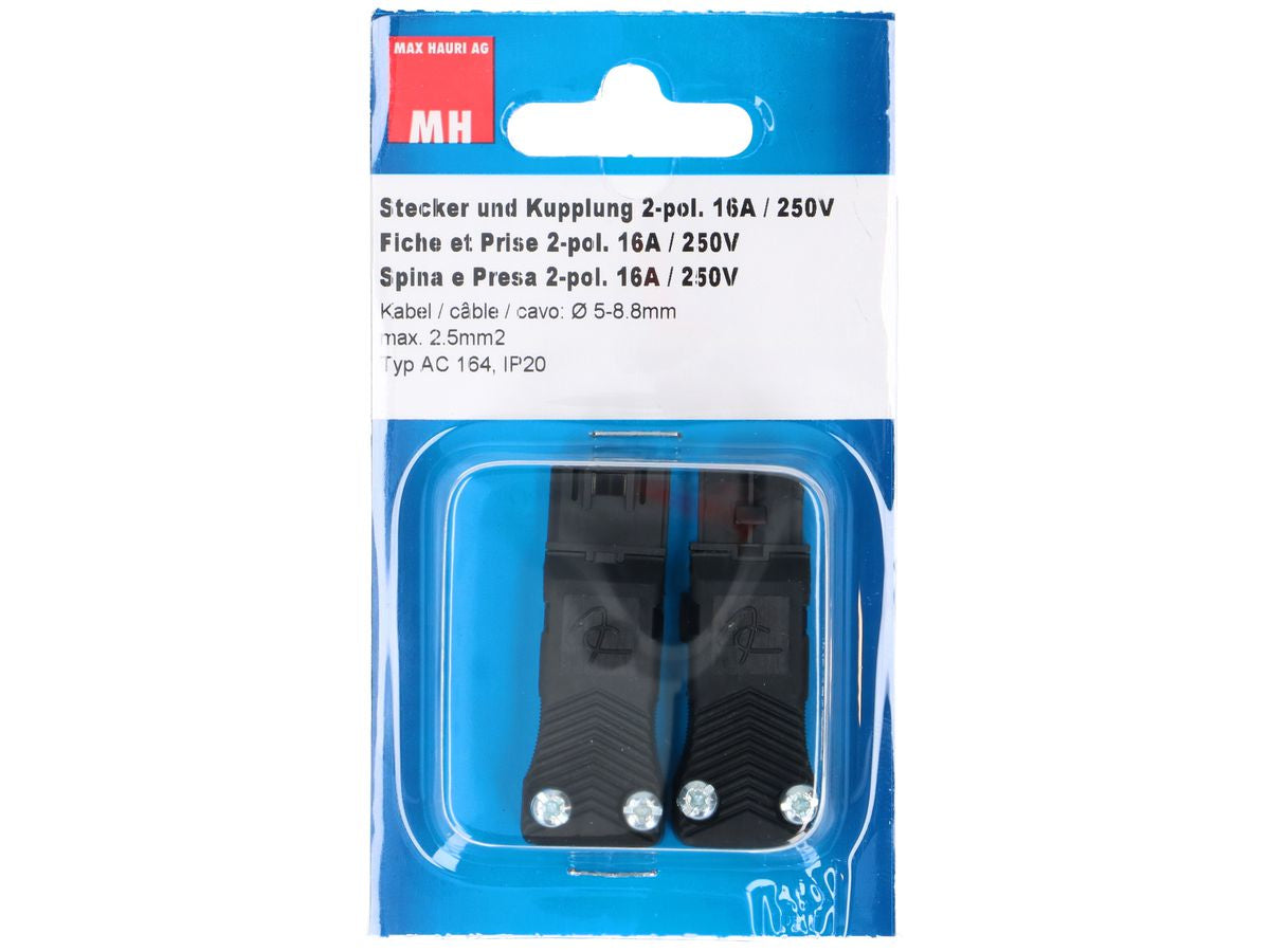 Max Hauri AG Max Hauri AC 164 Montagestecker – 2-polig, 16 A, 250 V, IP20, 18,4 × 51,1 mm, Schwarz