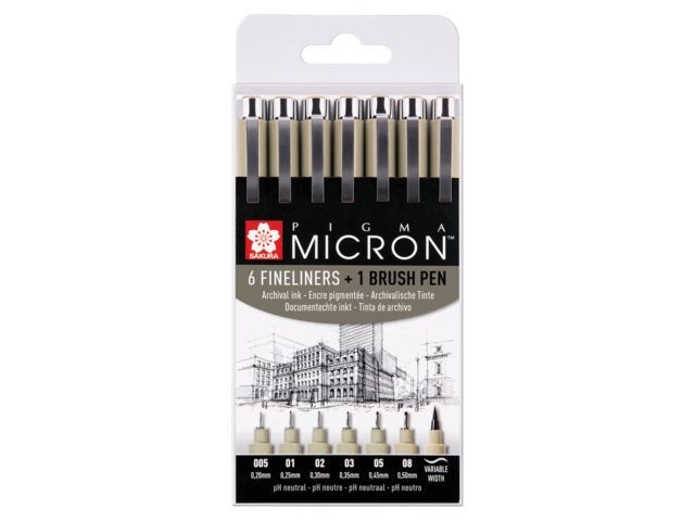 Sakura Pigma Micron Fineliner Etui – 7 Stk., 0,20–0,50 mm, schwarz, dokumentenecht