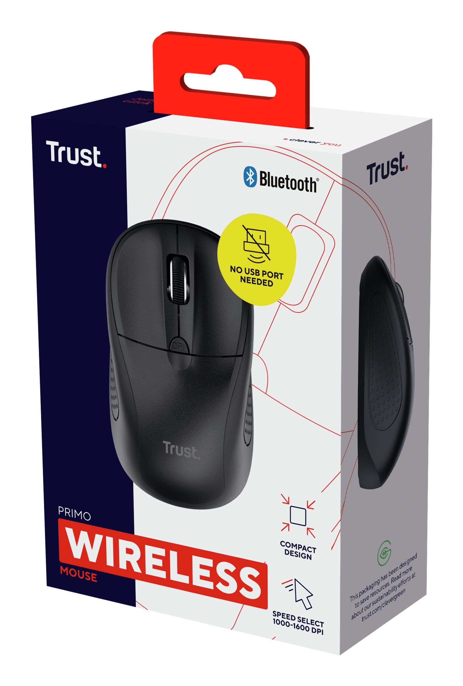 Trust Primo – Maus – Kabellos (Bluetooth), 1600 DPI, Beidhändig, Schwarz