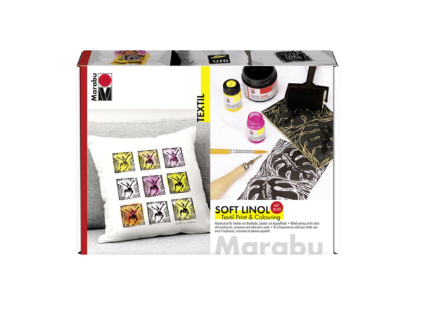 Marabu Soft Linol Print & Colouring – Textil-Transfer-Set – 1 × 100 ml + 2 × 15 ml – Softdruckplatte A5