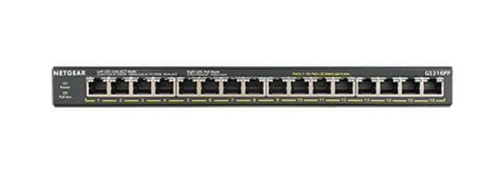 NETGEAR GS316PP – Unmanaged Switch – 16× 1G, PoE+, PoE-Budget 183 W, Desktop