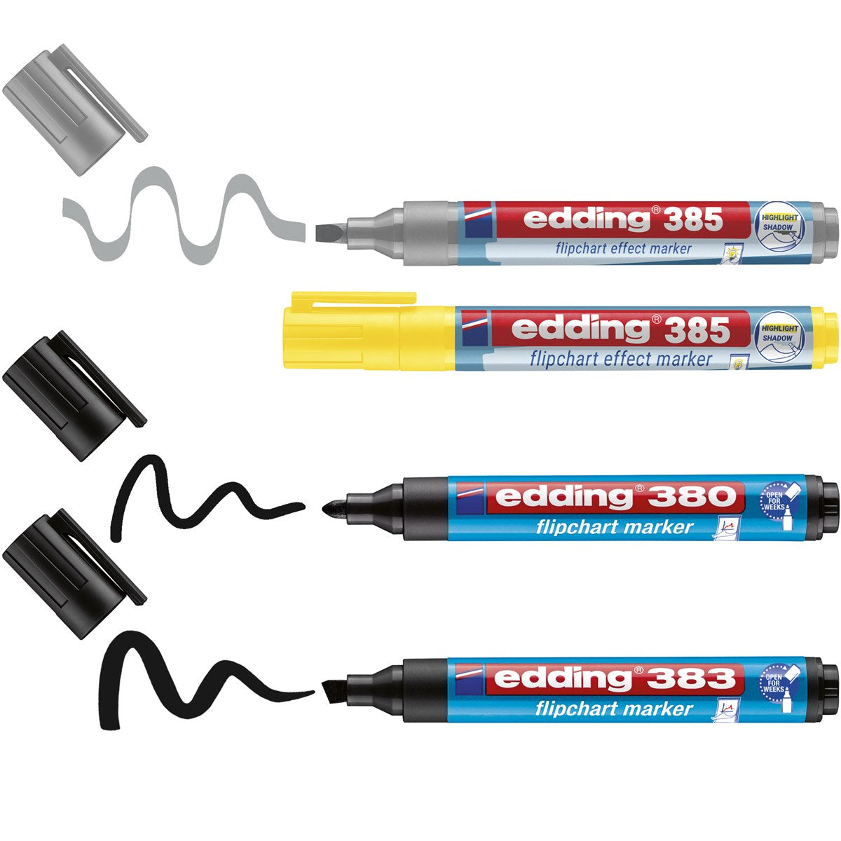 Edding Flipchart-Marker – schwarz, gelb, silber, 4 Stk., nachfüllbar, Cap-Off – für Flipcharts/Papier