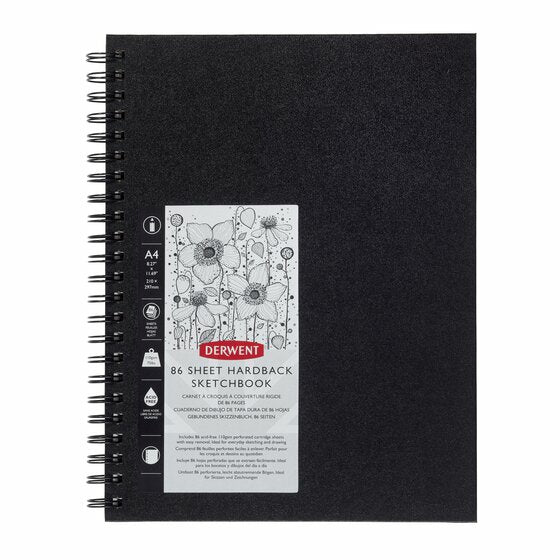 Derwent Skizzenblock – A4 – 110 g/m² – Spiral – 86 Blatt – Schwarz – perforiert