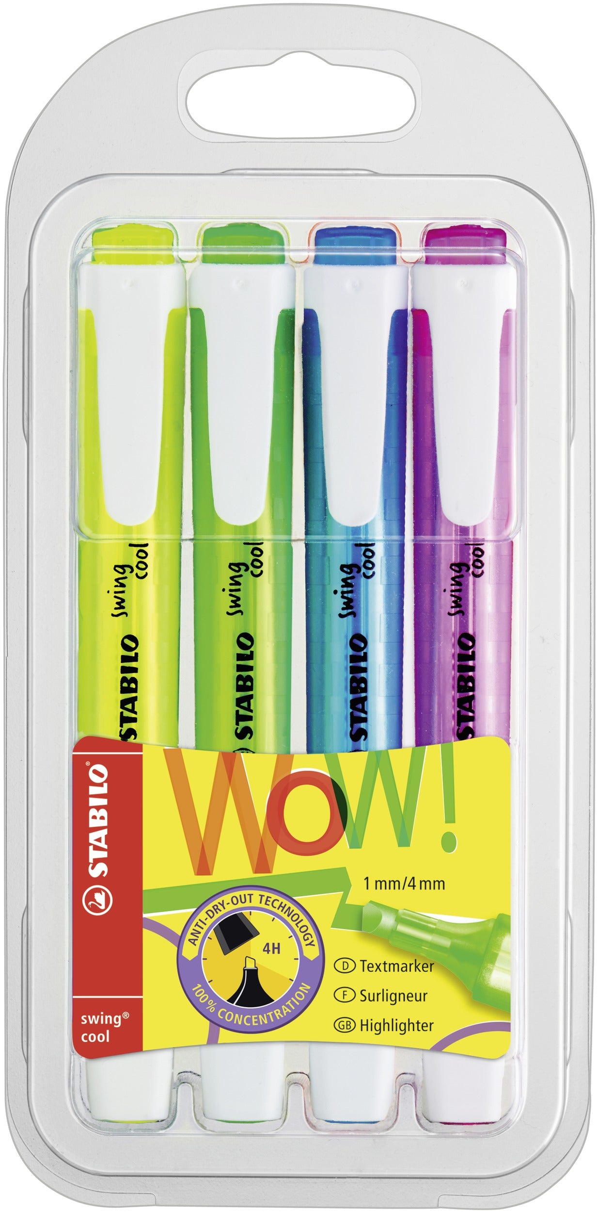 STABILO Swing Cool Textmarker Set 4 Farben – Keilspitze, 1–4 mm