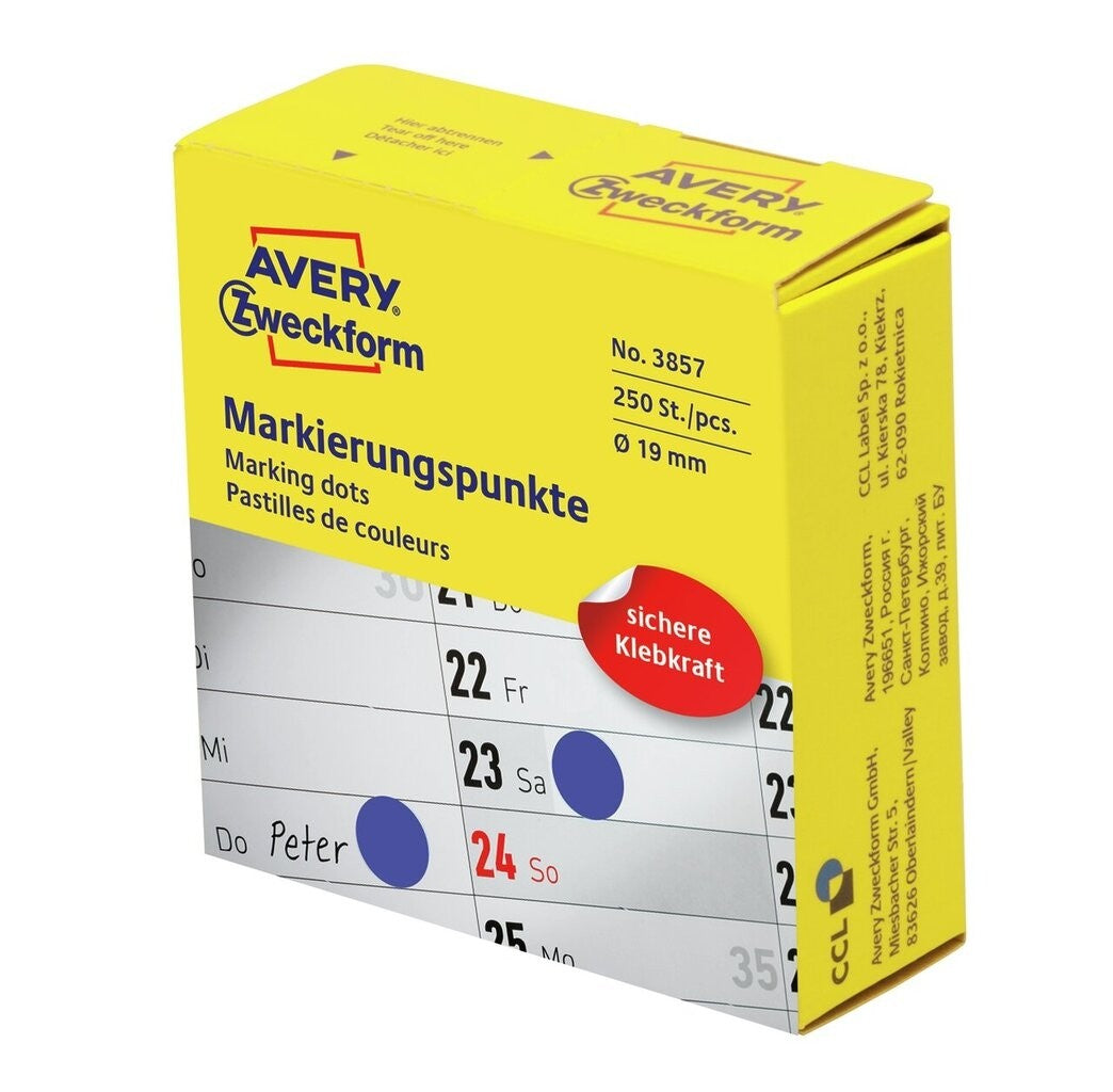 Avery Farbpunkte (Rolle) – Ø 19 mm, permanent, blau, Spender, 1 Rolle (250 Stk.)