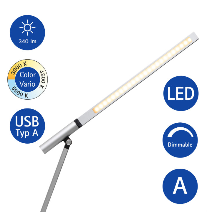 MAUL LED Tischleuchte Rubia Colour Vario – USB, dimmbar – 3000–6000 K – 340 lm 6 W – Silber, Aluminium