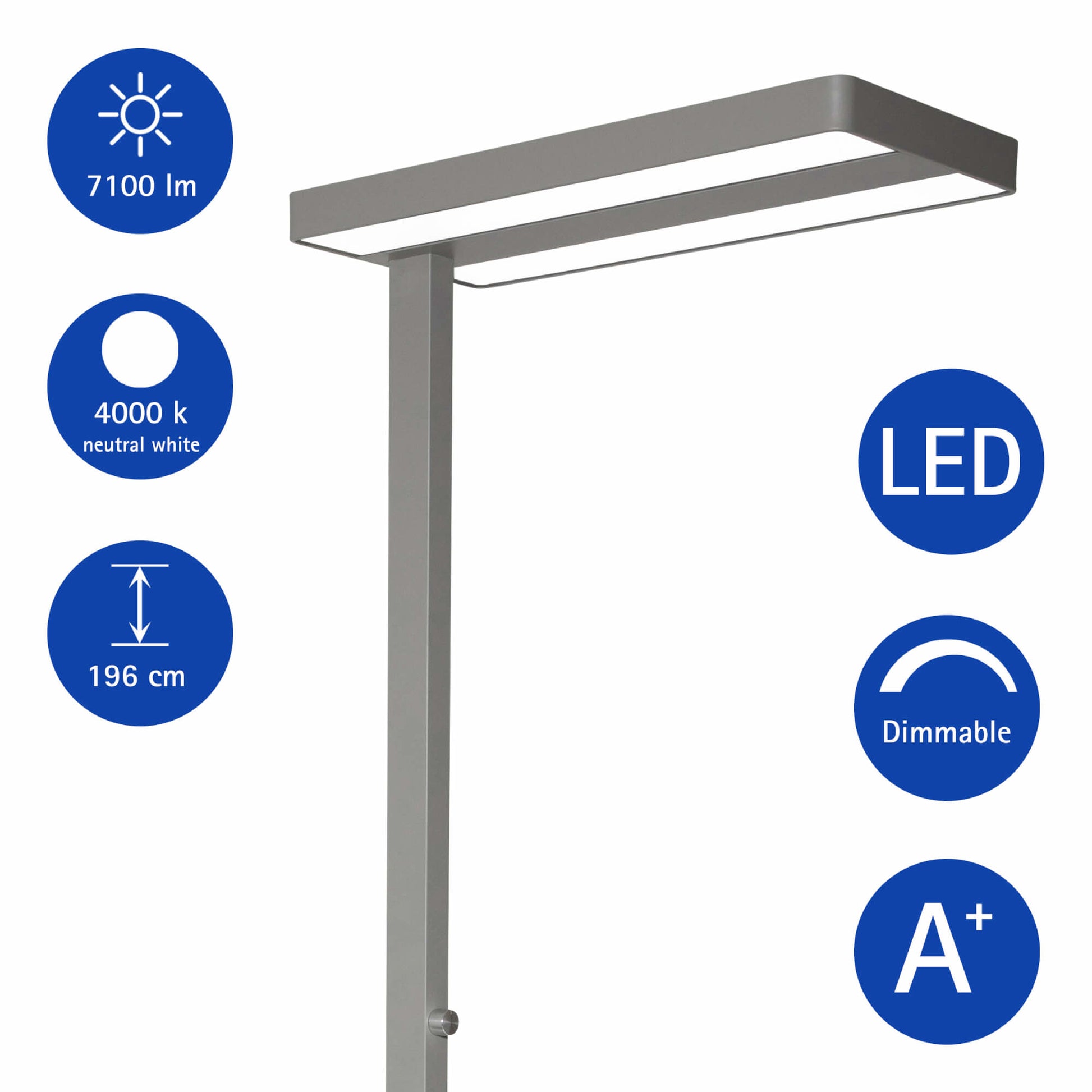 MAUL LED-Stehleuchte Javal – dimmbar – 4000 K – 13'060 lm 68 W – Silber, Aluminium