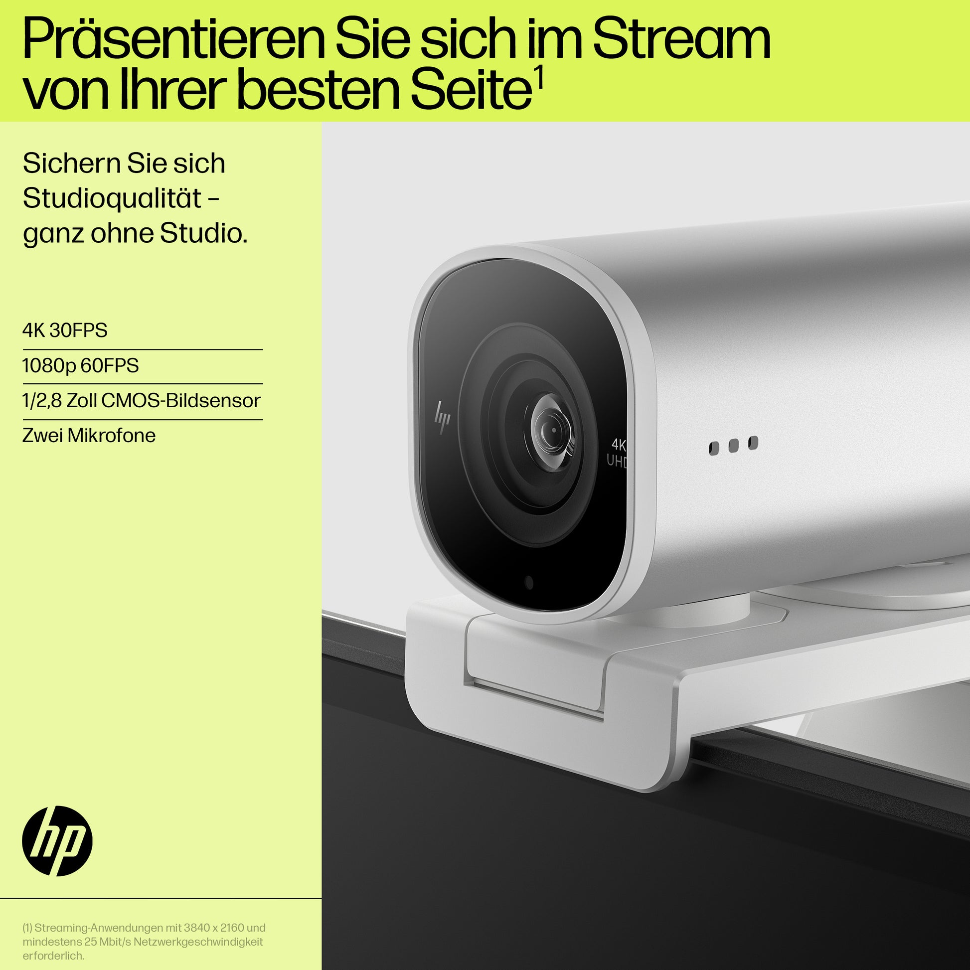 HP 960 Webcam – 4K Ultra HD, 30 fps, Autofokus, USB-A – Silber