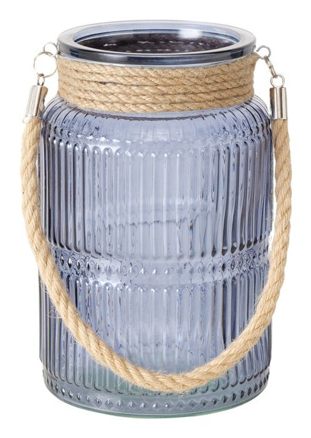 Boltze Windlicht – Glas & Jute & Textil, blau – Ø 13,5 × 21 cm