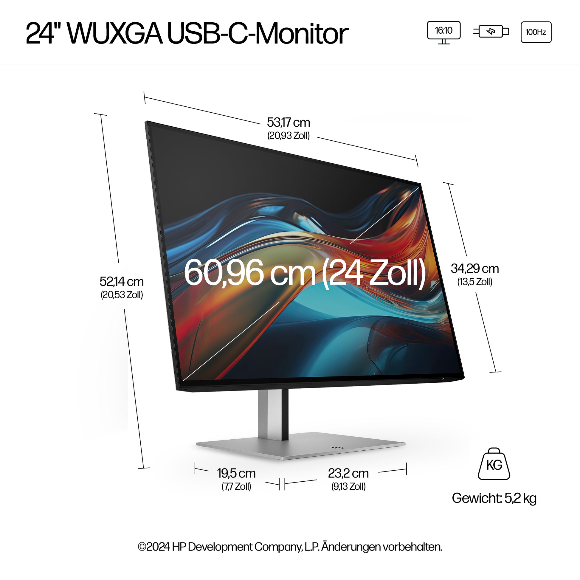 HP Series 7 Pro 724pu – Monitor, 24" 1920 × 1200 (WUXGA), USB-C, Schwarz/Silber
