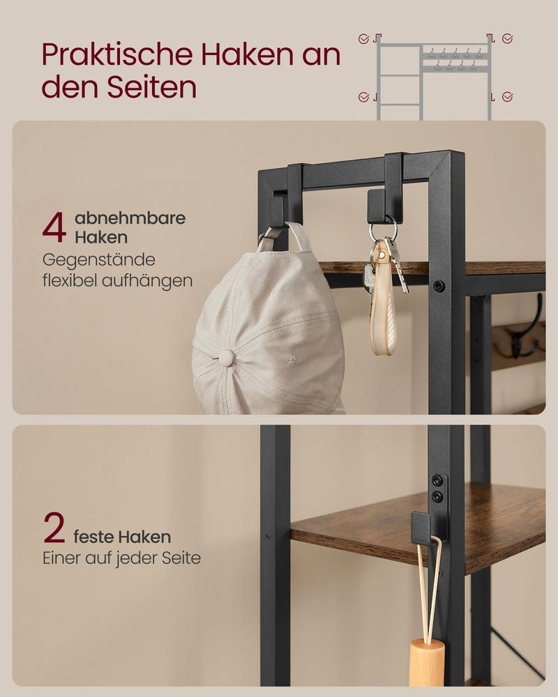 Vasagle Garderobe mit Schuhregal – 9 Haken, mit Ablage, Stahl/Spanplatte, Schwarz/Braun, 120 × 40 × 190 cm