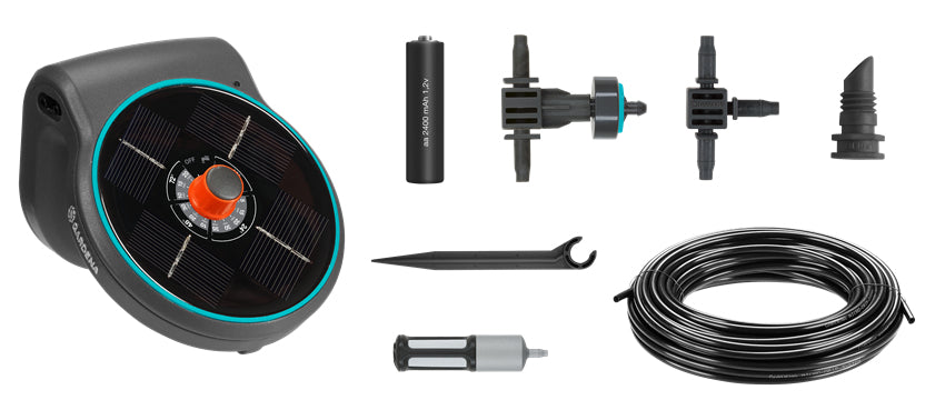 Gardena aquaBloom Solar-Bewässerungs-Set – 28 Tropfer, 15 Schlaucheinsätze, Druckregler, Solar-/Akkubetrieb
