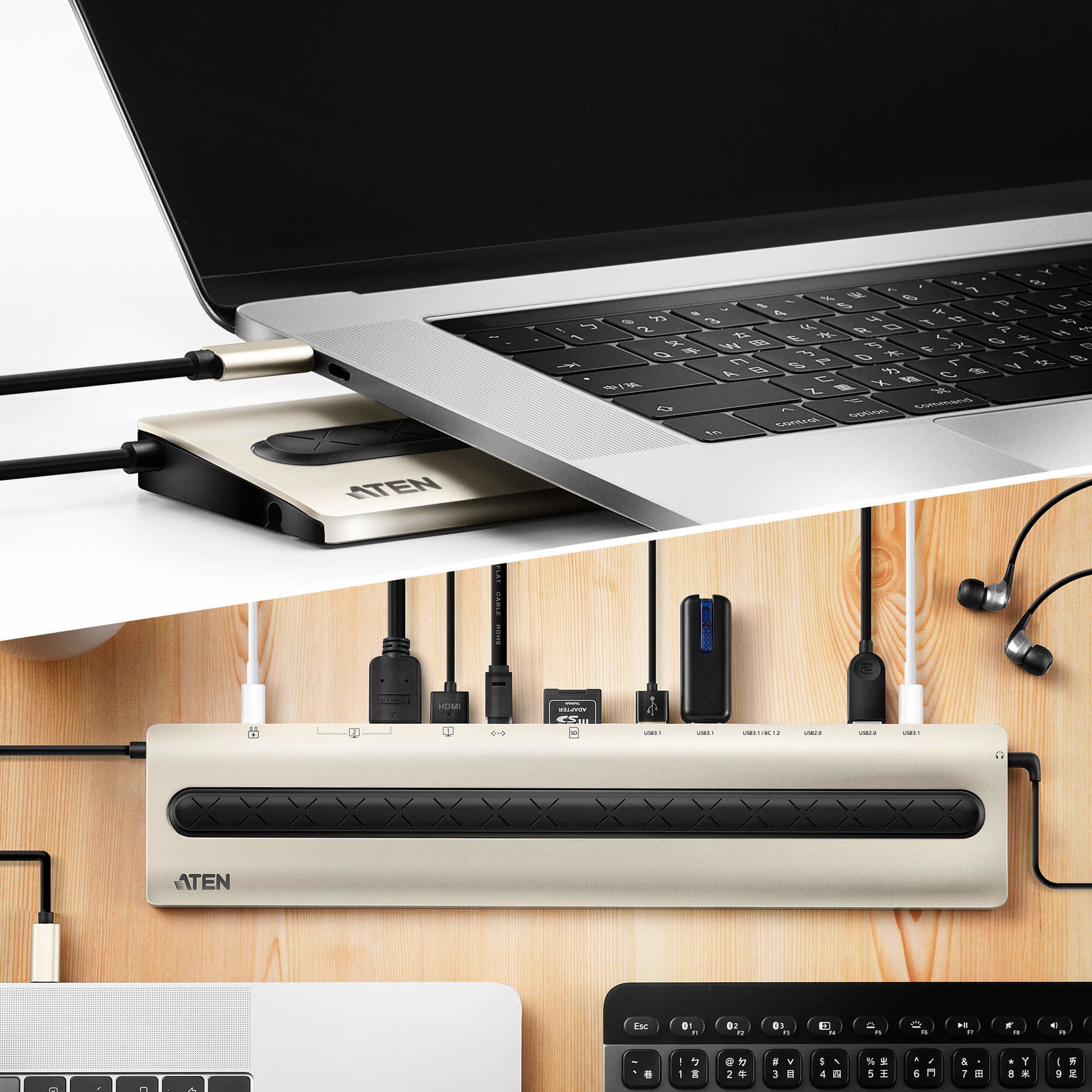ATEN UH3237 Multiport-Adapter – USB-C, 2× HDMI, 1× VGA, 5× USB-A, 1× USB-C, 85 W PD, GbE, SD/microSD