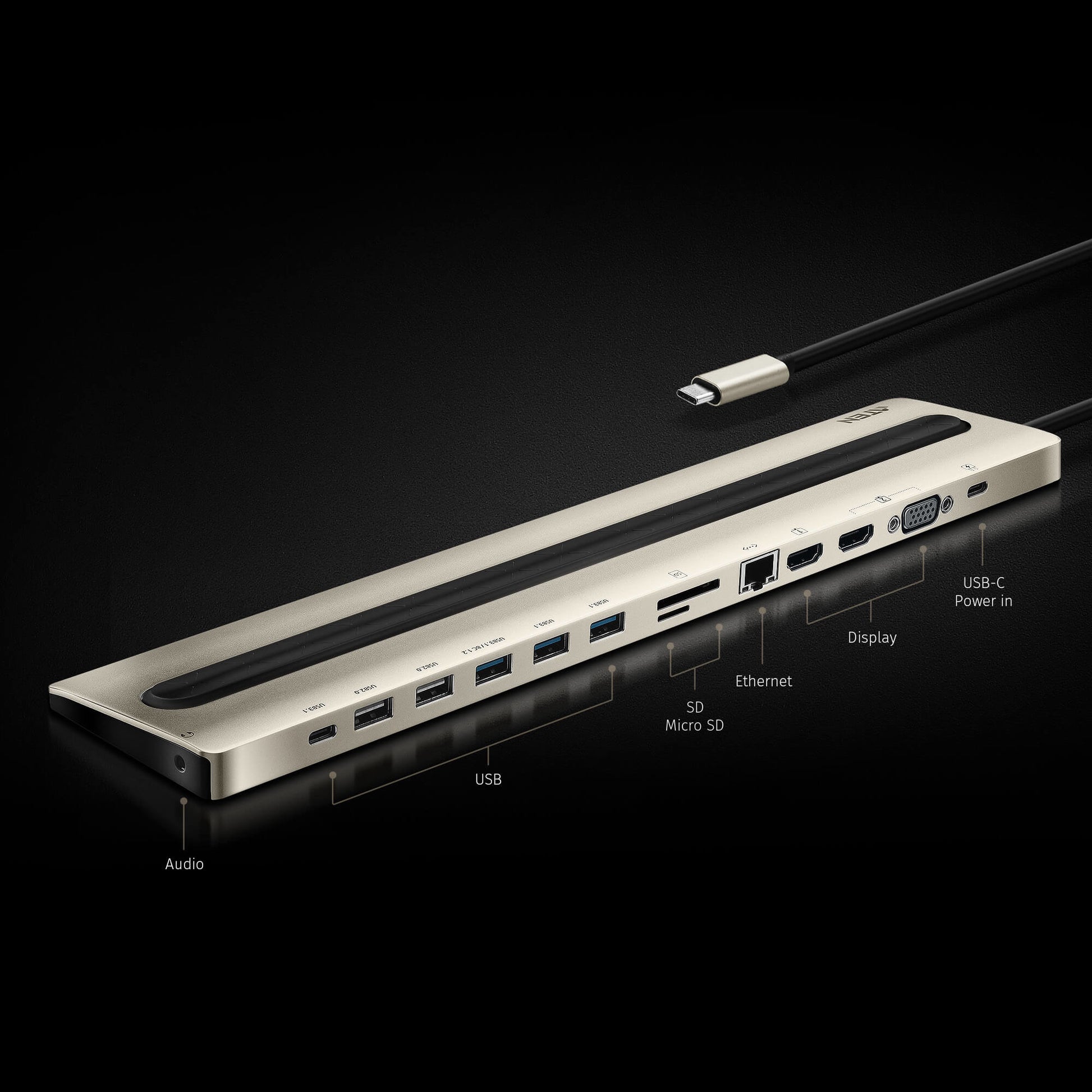 ATEN UH3237 Multiport-Adapter – USB-C, 2× HDMI, 1× VGA, 5× USB-A, 1× USB-C, 85 W PD, GbE, SD/microSD