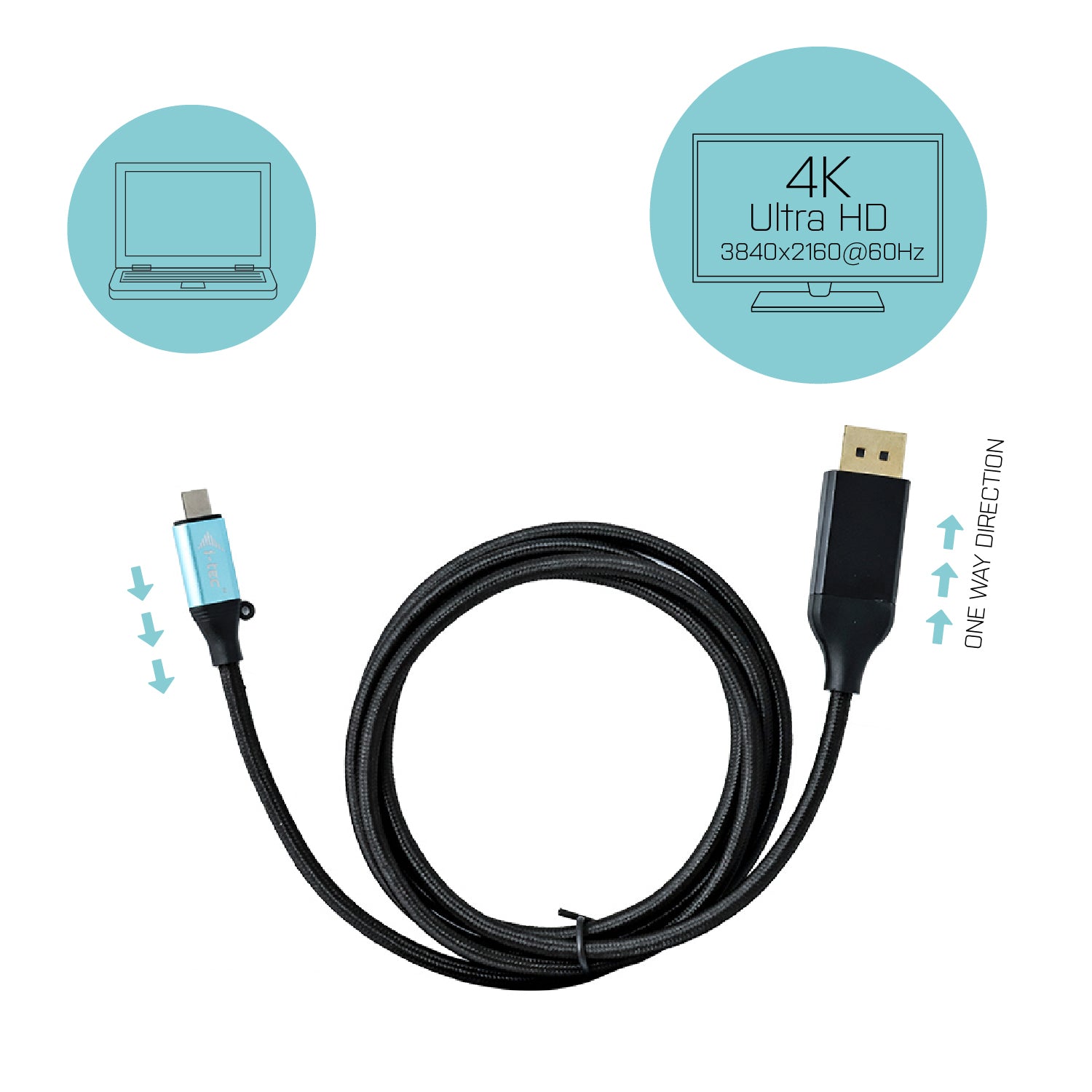 i-tec USB-C (Stecker) auf DisplayPort (Stecker) Adapter, DP 1.2, 4K@60 Hz, 1,5 m, für Thunderbolt 3