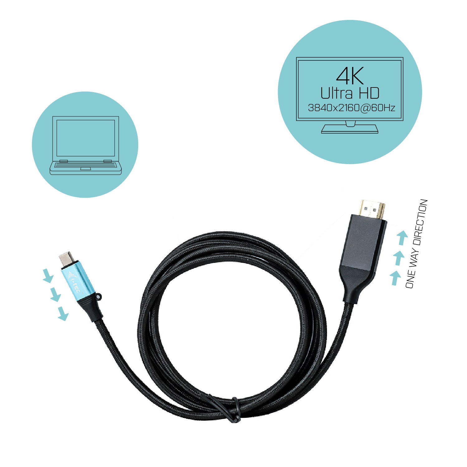 i-tec USB-C (Stecker) auf HDMI (Buchse) Adapter, 4K@60 Hz, 2 m, für Thunderbolt 3