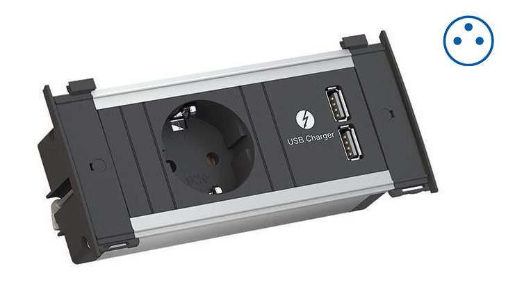 Bachmann KAPSA XS Einbau-Anschlussfeld 1×UTE, USB×2 – Wieland GST18 – Zuleitung 0,2 m – Schwarz/Silber