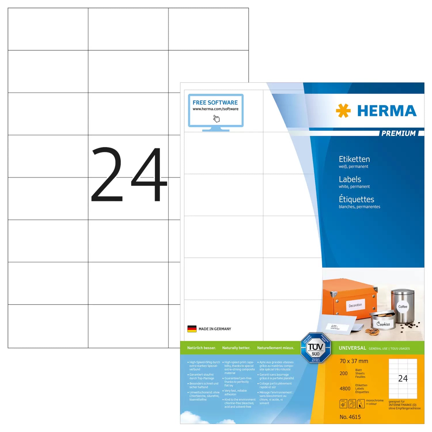 HERMA Etiketten auf Bögen, 70 mm × 37 mm, Weiss, Papier, Permanent, 200 Blätter