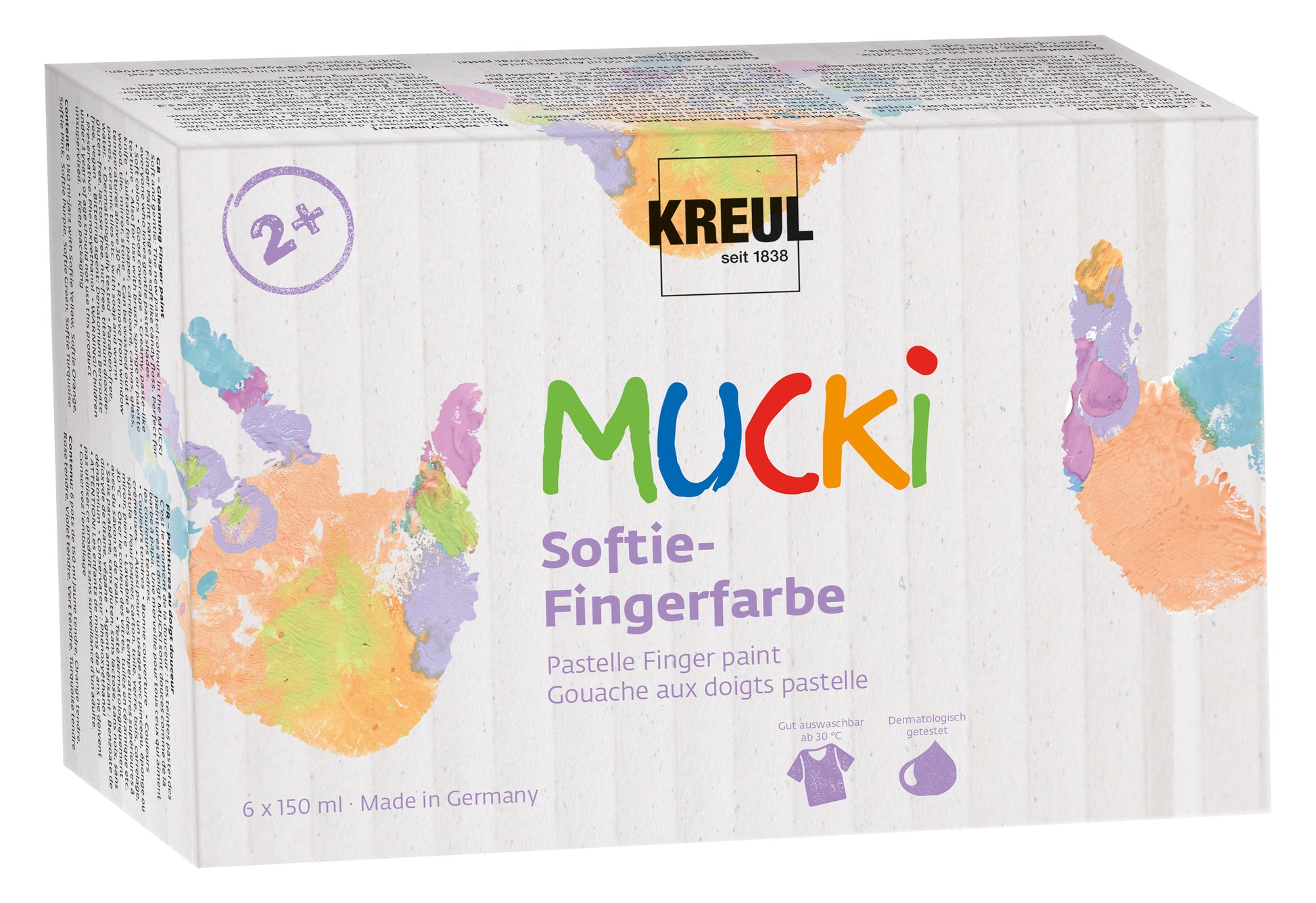 KREUL Softie MUCKI Fingerfarbe – 6 Farben – 6×150 ml (900 ml) – für Papier, Glas, Holz