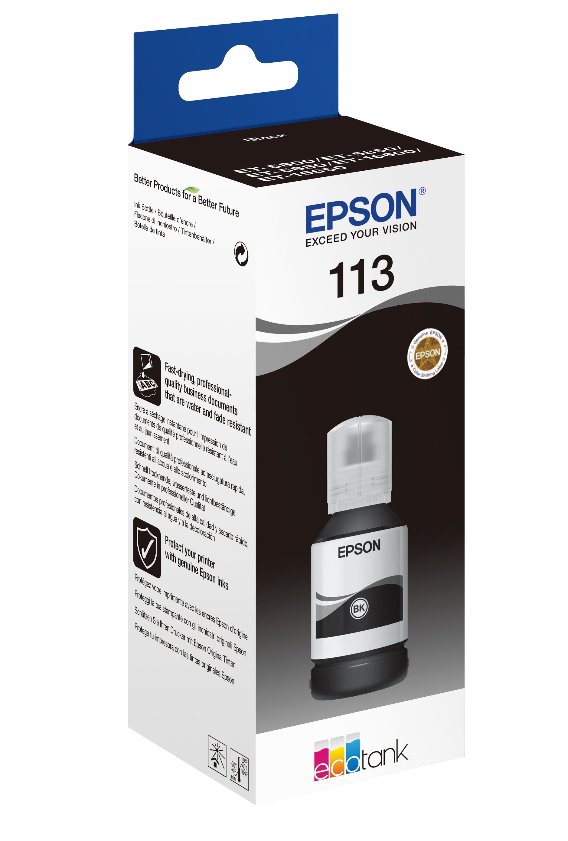 Epson 113 Schwarz Tintenpatrone (Original) – 7'500 Seiten – für EcoTank ET-5880/ET-5850/ET-5800 …