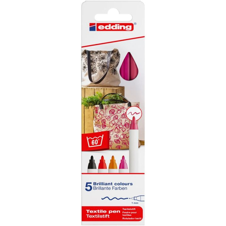 Edding Textil-Marker – sortiert (schwarz, rot, orange, pink, karminrot), 5er