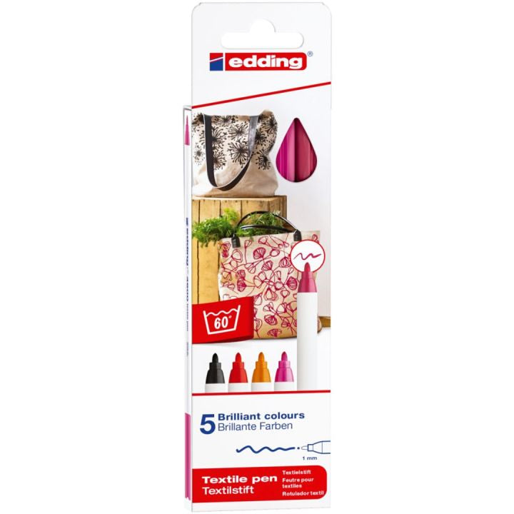 Edding 4600 Textilmarker – Rundspitze 1 mm – Mehrfarbig – 5er-Set