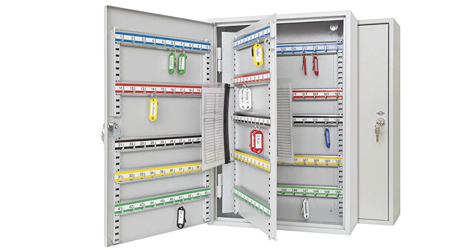 Wedo Schlüsselkasten 102 65037X, für 150 Schlüssel, Zylinderschloss, Stahl, grau – B 380 × H 550 × T 140 mm