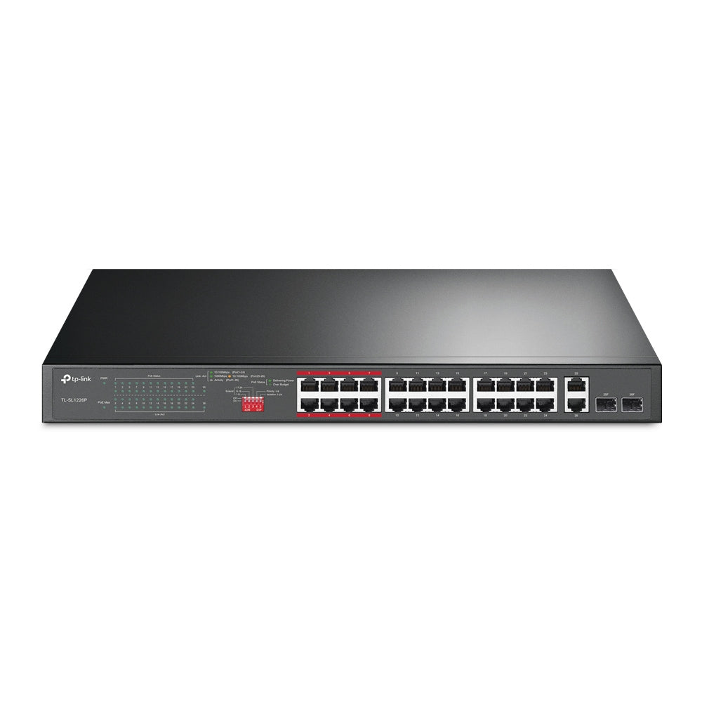 TP-Link TL-SL1226P – Unmanaged PoE+ Switch, 24x Fast Ethernet, 2x LAN (GbE), 2x Combo SFP, 250 W PoE, Rack 1U