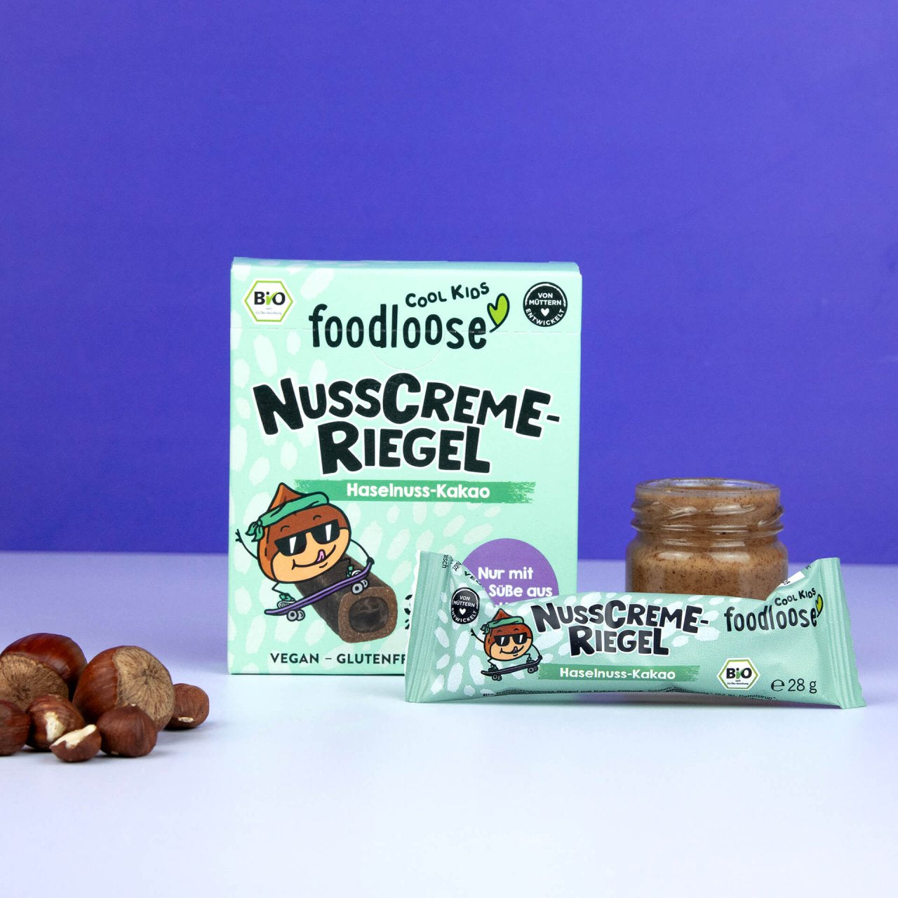 Foodloose Nusscreme-Riegel – Haselnuss-Kakao, bio, vegan – 3 × 28 g