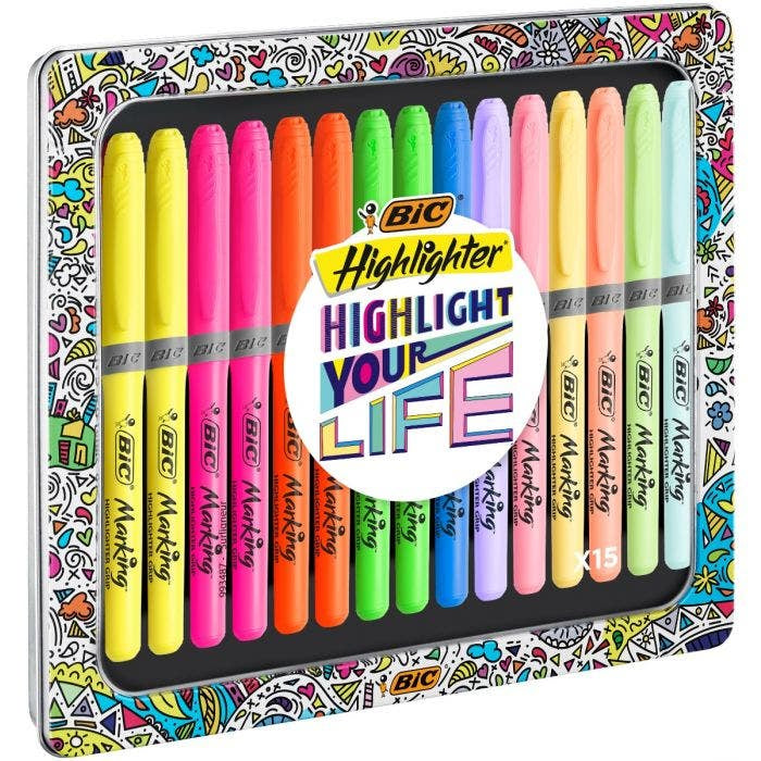 BIC Textmarker – 15er Set, Farben: Pastellblau/Pastellgrün/Pastellorange …, Keilspitze 1,5–3 mm