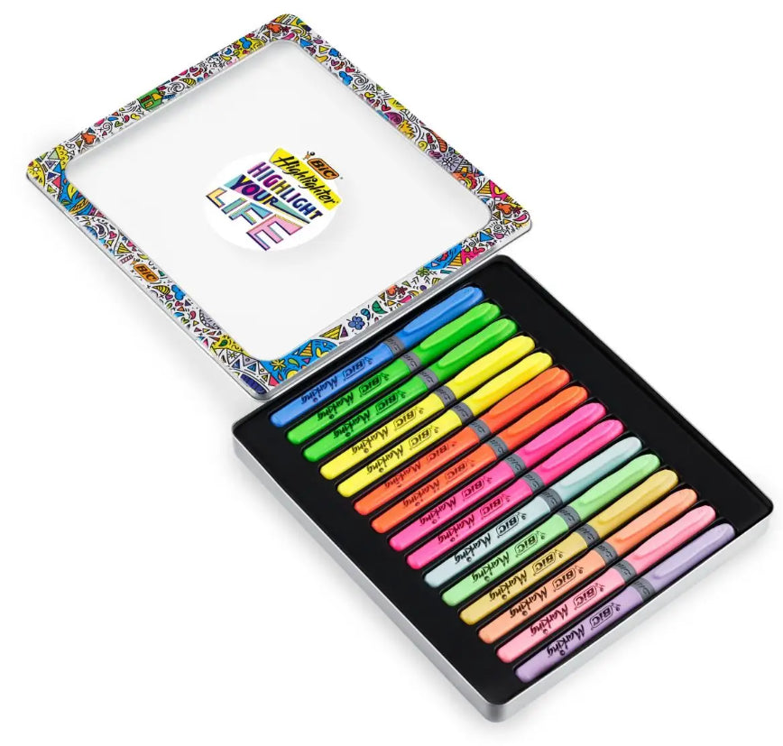 BIC Textmarker – 15er Set, Farben: Pastellblau/Pastellgrün/Pastellorange …, Keilspitze 1,5–3 mm