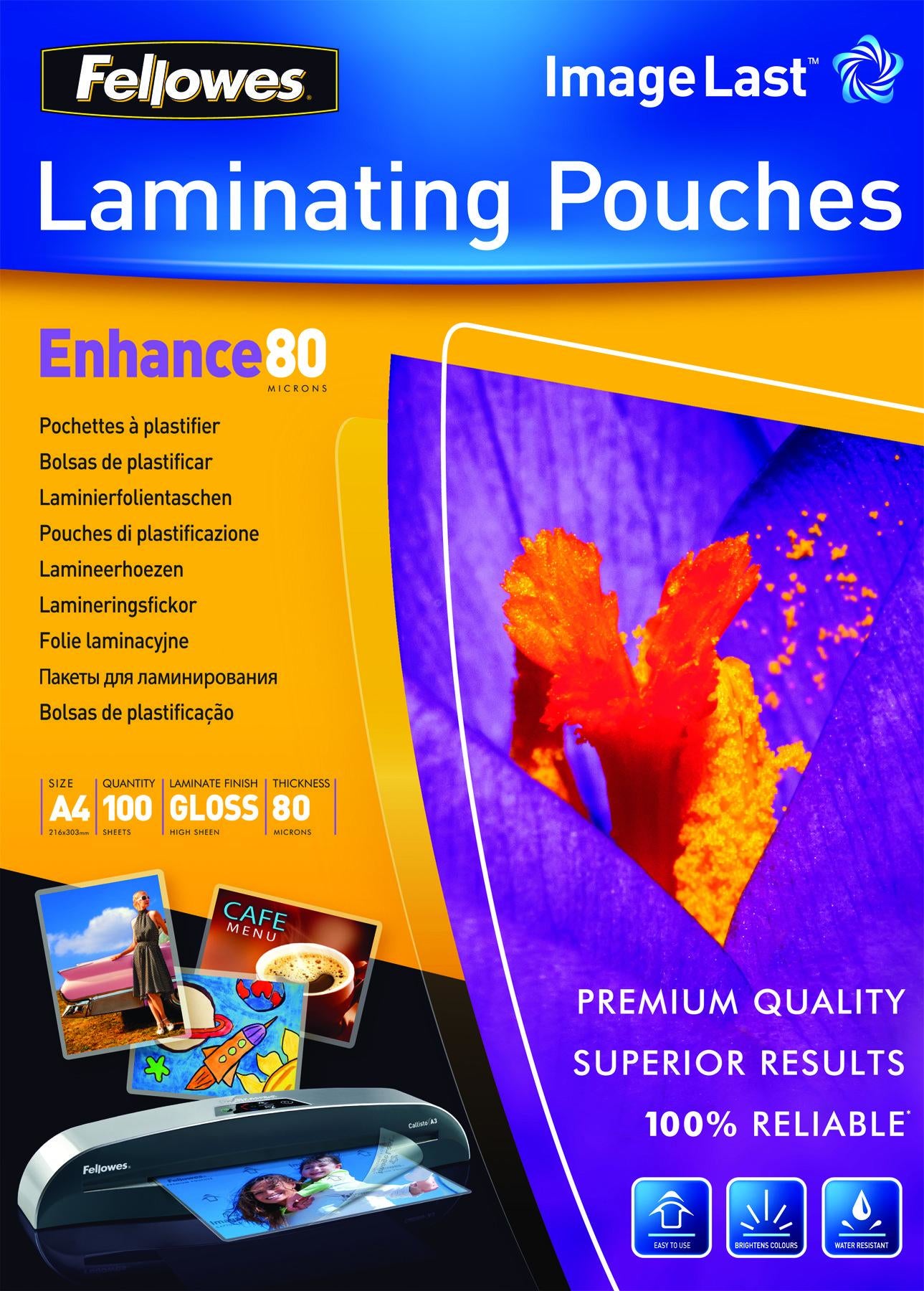 Fellowes Laminierfolien A4, glänzend – 80 µm, 216 × 303 mm, 100 Stk.