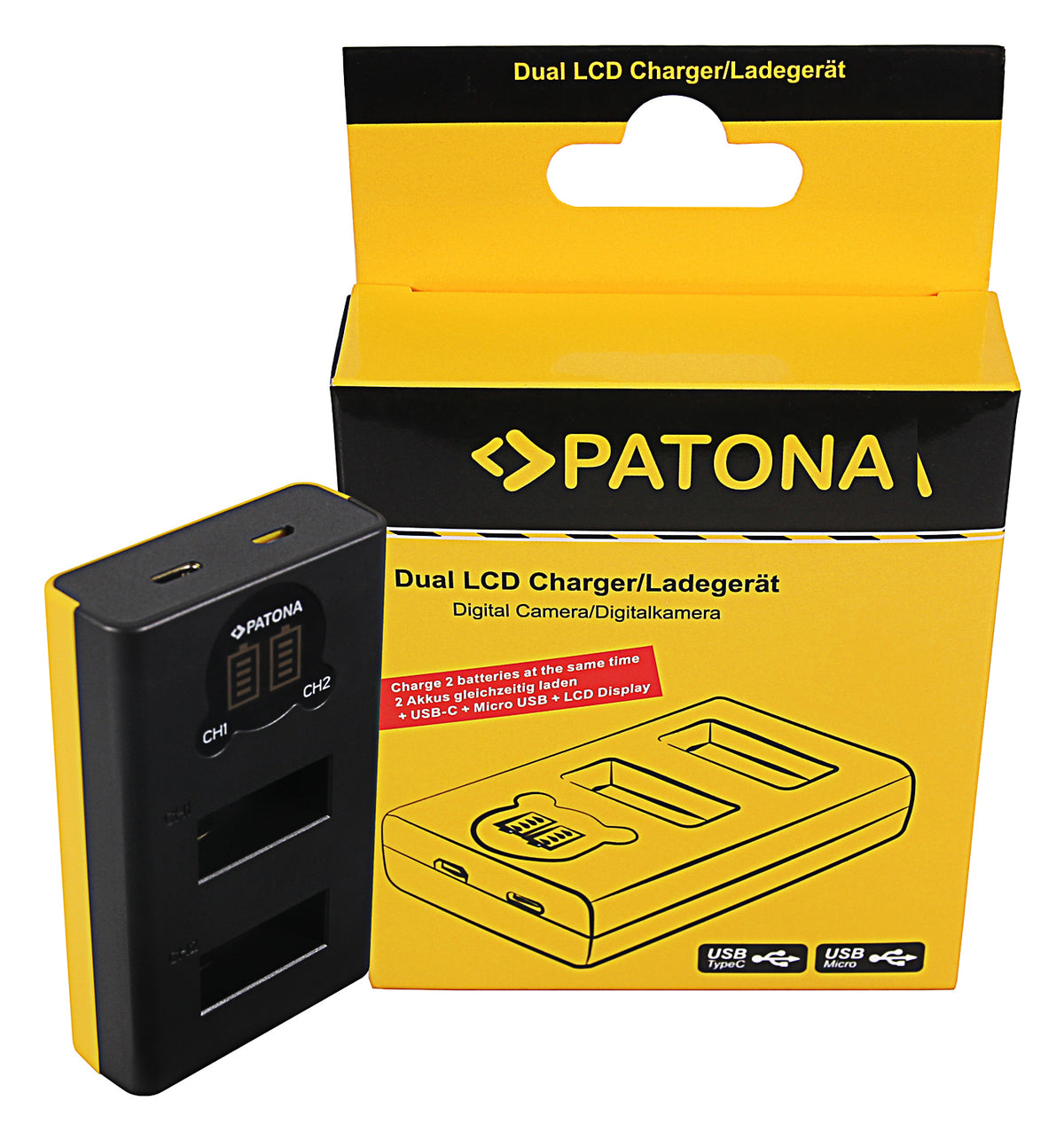 PATONA 1887 Dual-Ladegerät – für GoPro Max – 2-fach, USB, 8,4 V/0,7 A – Gelb/Schwarz