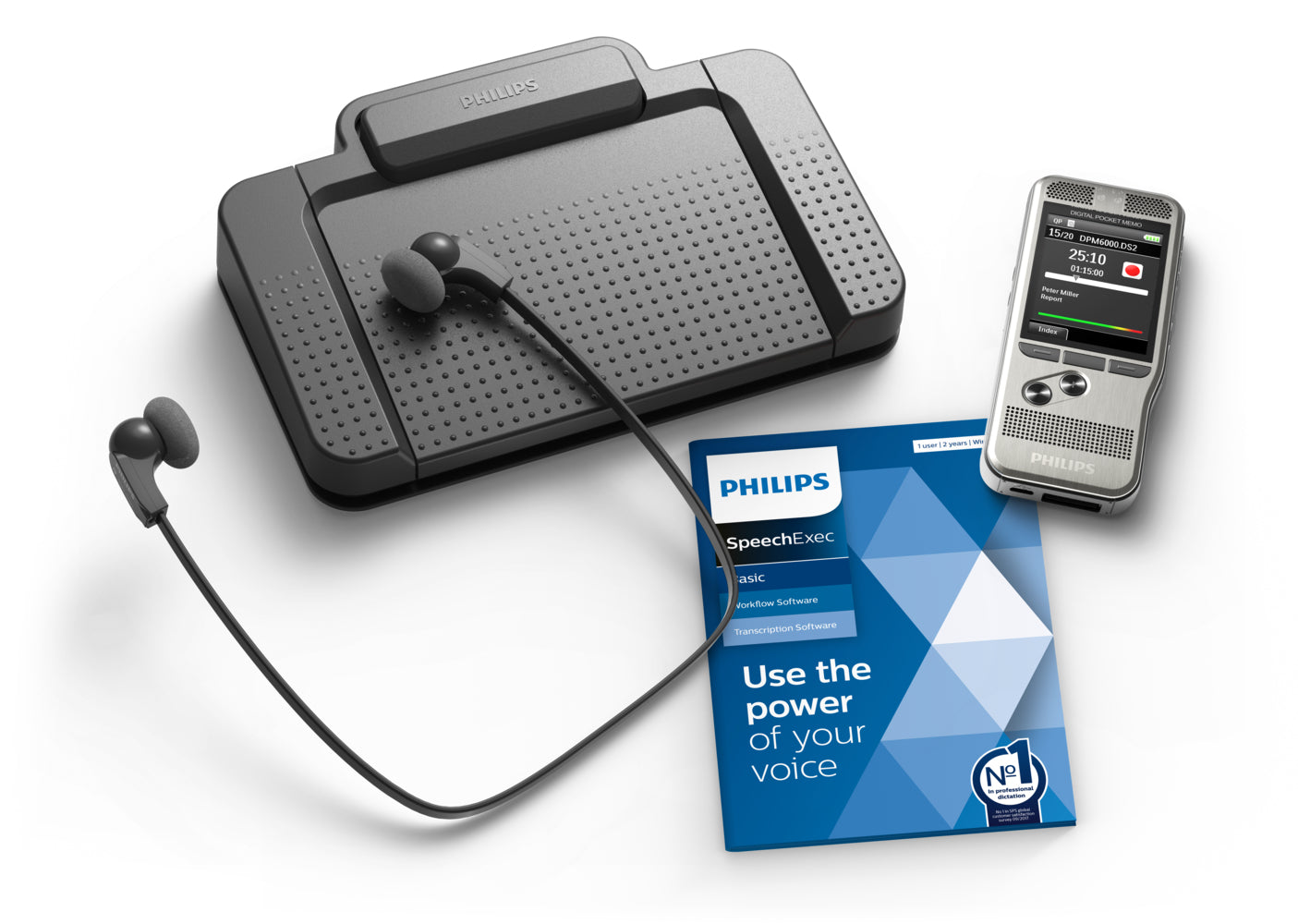 Philips DPM6700 Starter-Set – Diktiergerät + Transkriptionsset, 32 GB, Fusssteuerung, SpeechExec Basic