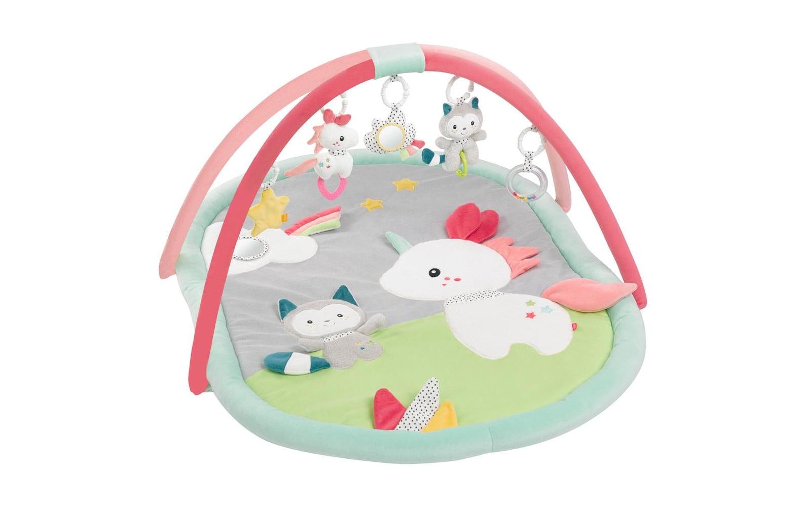 Fehn Krabbeldecke mit Spielbogen Einhorn & Katze – 105 × 85 cm – ab 0 Jahren – Plüsch – Mehrfarbig