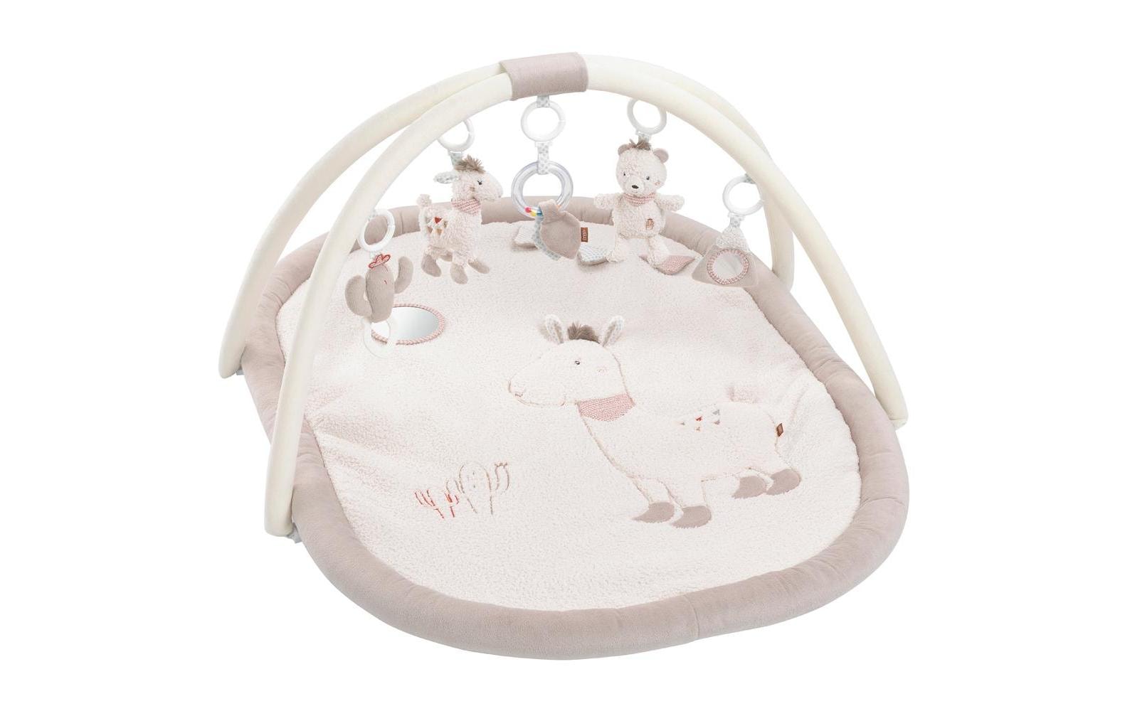 Fehn Krabbeldecke mit Spielbogen – 2 Spielbögen, 5 Stofftiere, mit Ton – 105 × 80 cm – ab 0 J. – grau/weiss