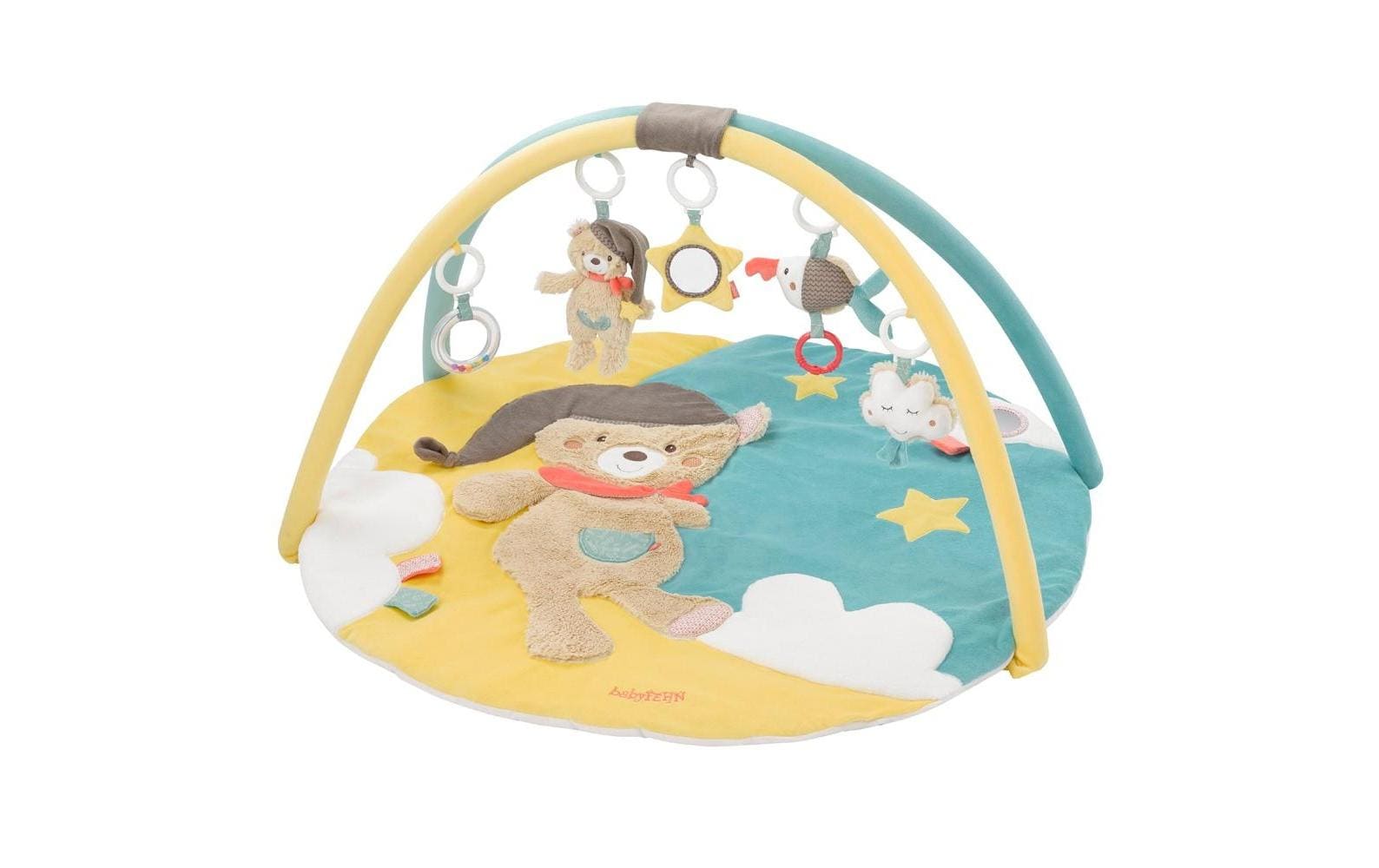 Fehn Krabbeldecke mit Spielbogen Bär Bruno – 85 × 85 cm – 5 Stofftiere, Spiegel – mehrfarbig