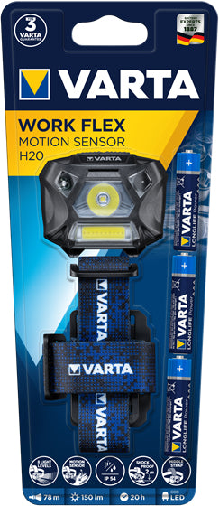 Varta Stirnlampe Work Flex Motion Sensor H20 – 150 lm, 78 m, IP54, Laufzeit 20 h – Schwarz