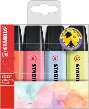 STABILO BOSS Original Textmarker Set 4 Pastellfarben – Keilspitze, 2–5 mm
