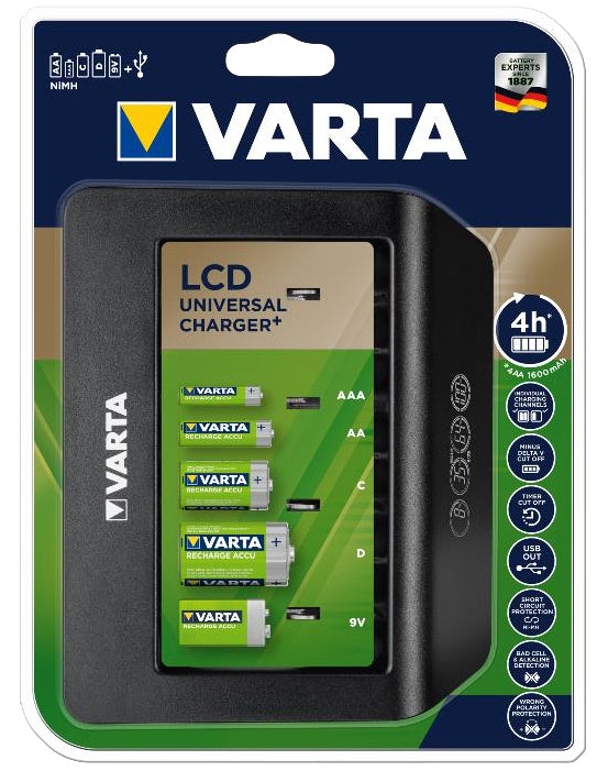Varta Universal Charger+ Batterieladegerät 4× – für NiMH (9V, AA, AAA u. a.) – LCD – USB-A×1 (5 V/1 A)