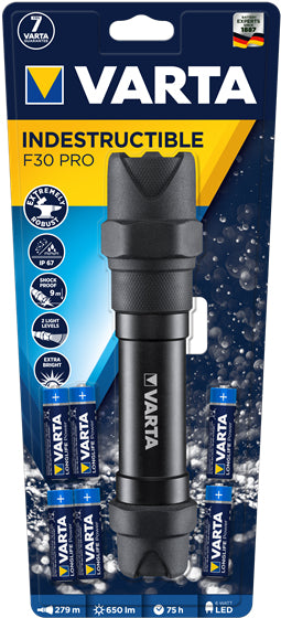 Varta Taschenlampe Indestructible F30 Pro – 650 lm, 279 m, IP67, 6× AA (inkl.), 2 Stufen – Schwarz