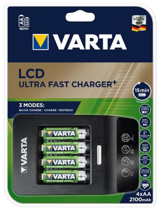 Varta LCD Ultra Fast Charger+ Batterieladegerät 4× – für AA, AAA – inkl. 4× AA (2100 mAh)