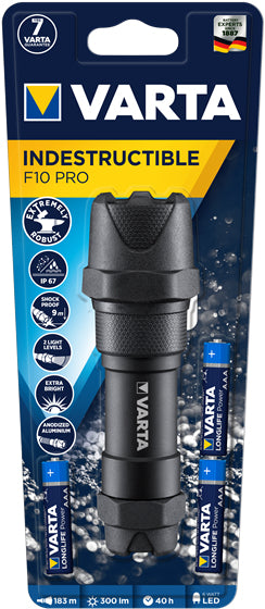 VARTA Taschenlampe Indestructible F10 Pro – 300 lm, 183 m, IP67, 3× AAA, 2 Modi – Schwarz