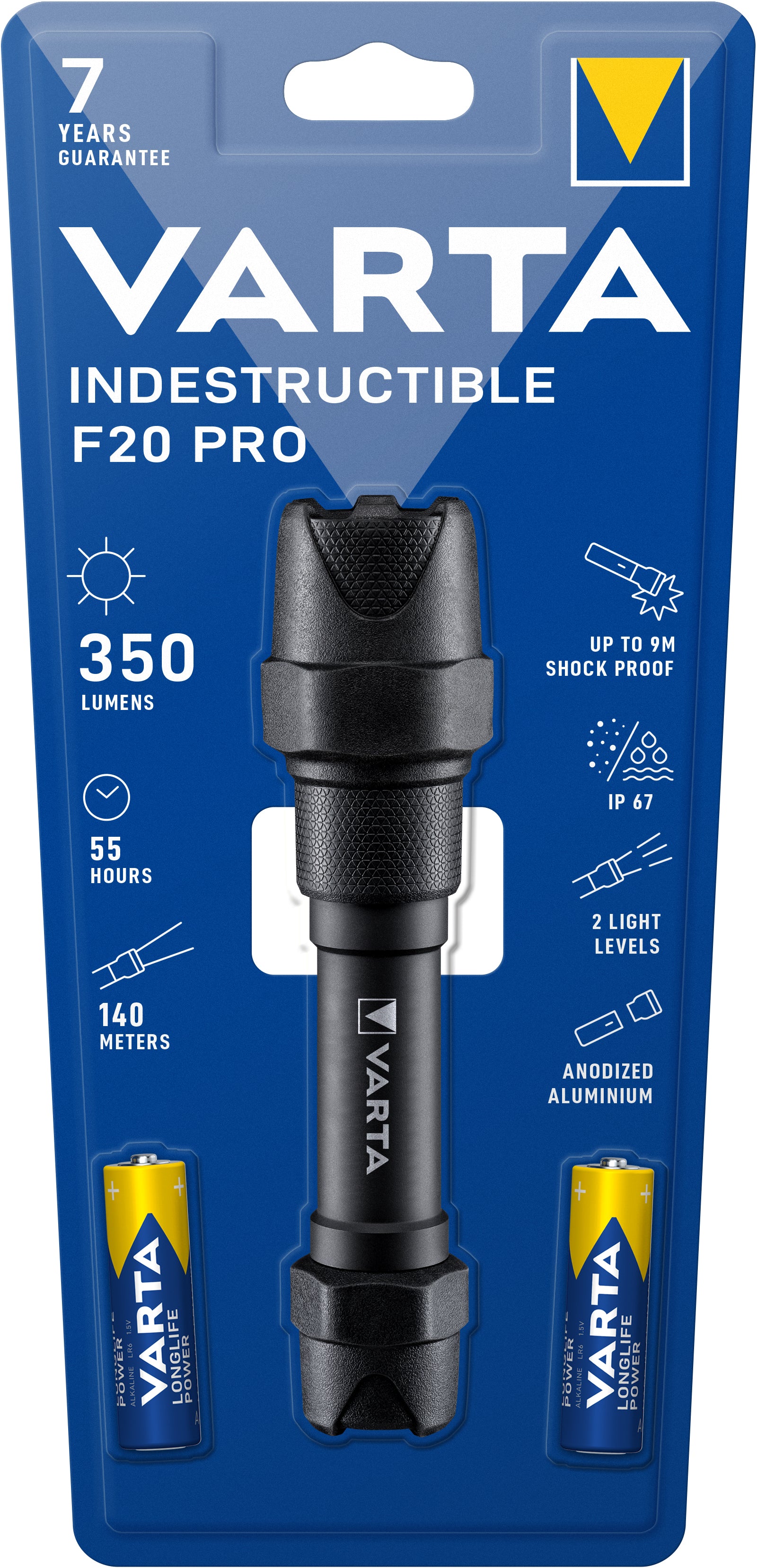 Varta Taschenlampe Indestructible F20 Pro – 350 lm, 140 m, IP67, 2 Stufen, 2× AA (55 h) – Schwarz