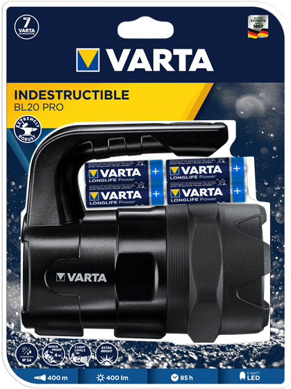 Varta Taschenlampe Indestructible BL20 Pro – 400 lm, 400 m, IP54, 3 Stufen – Schwarz
