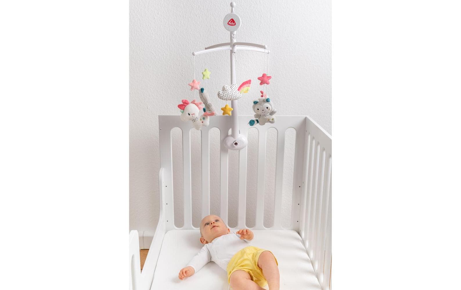 Fehn Musik-Mobile Einhorn & Katze – mit Musik, 11 Melodien – 40 × 40 cm – Plüsch – mehrfarbig