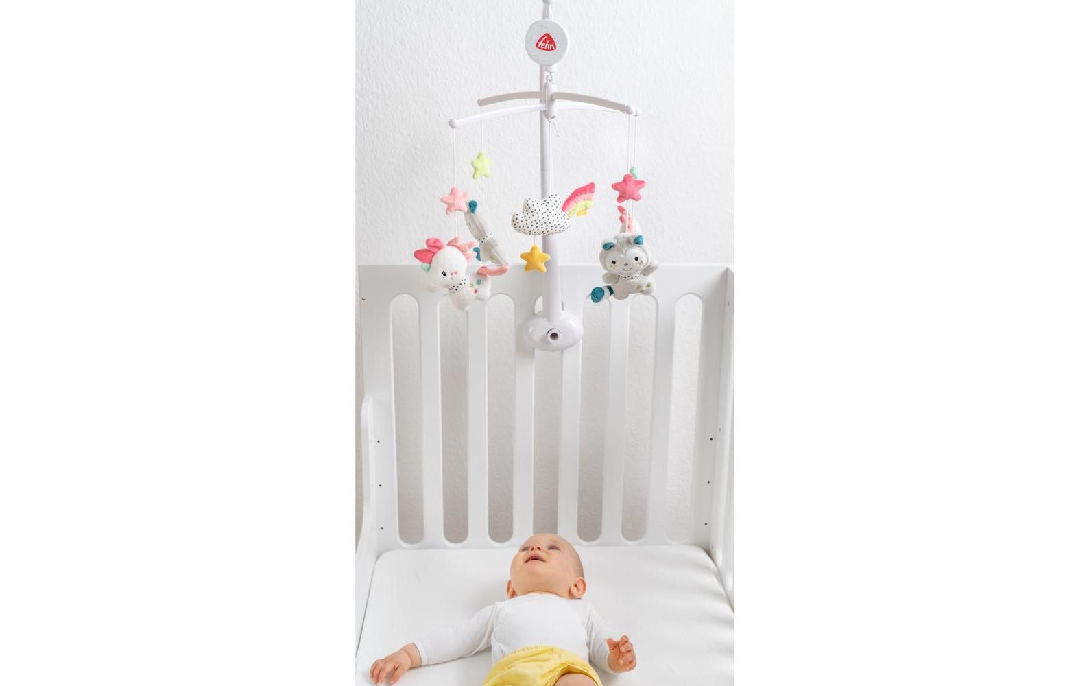 Fehn Musik-Mobile Einhorn & Katze – mit Musik, 11 Melodien – 40 × 40 cm – Plüsch – mehrfarbig