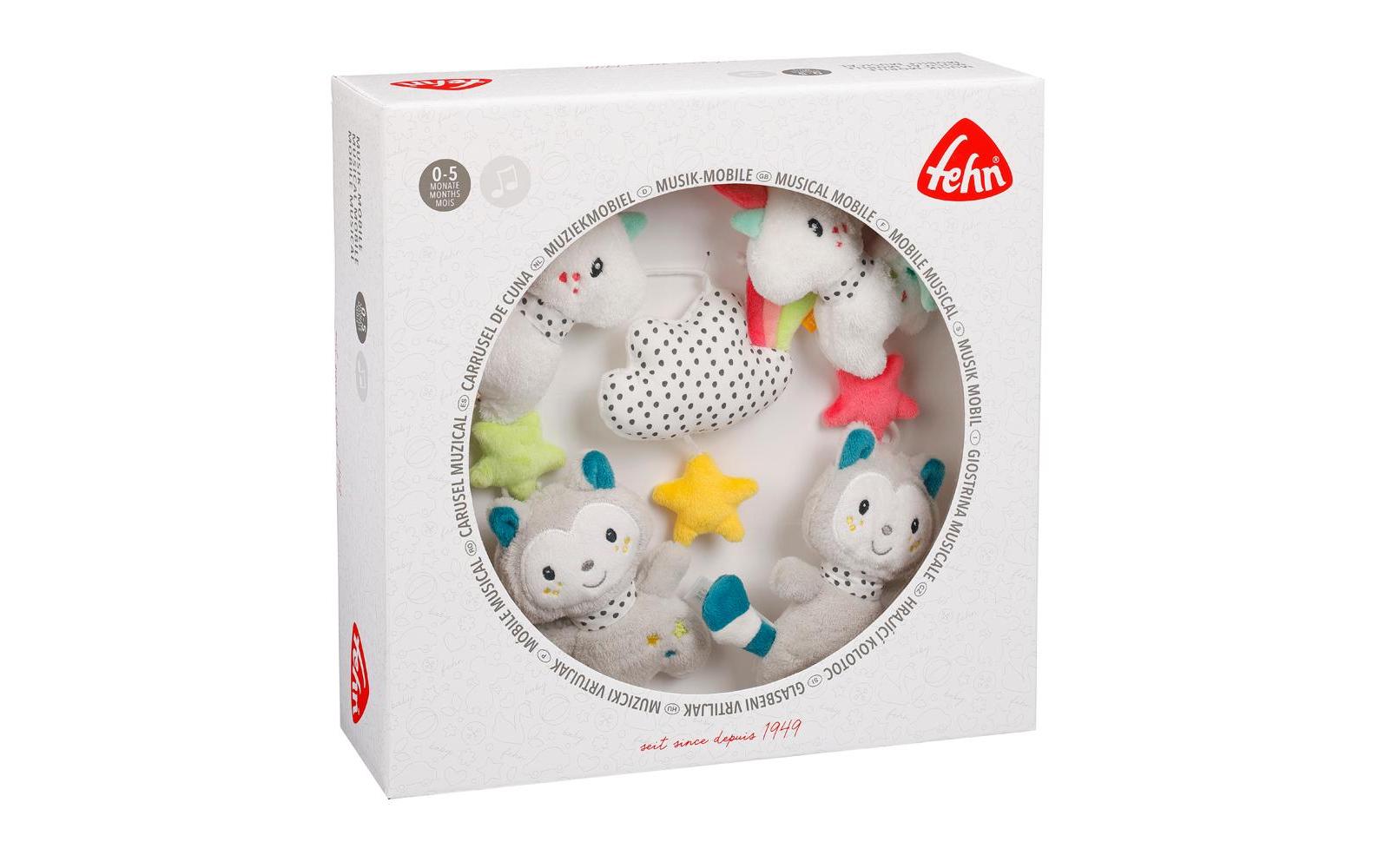 Fehn Musik-Mobile Einhorn & Katze – mit Musik, 11 Melodien – 40 × 40 cm – Plüsch – mehrfarbig